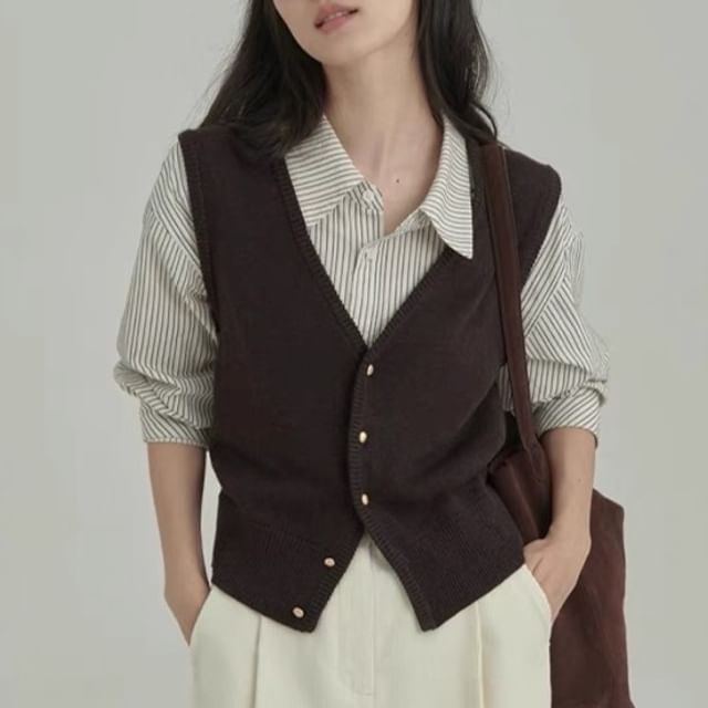 Moon City-V-Neck Button-Up Plain Sweater Vest