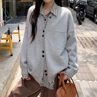 Moon City-V-Neck Plain Button Cardigan Long-Sleeve Collared Plaid Button Shirt