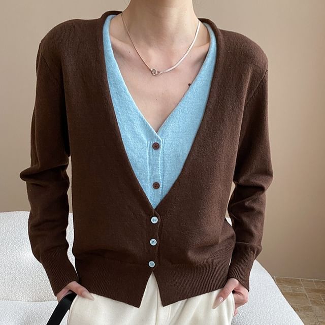 Moon City-V-Neck Two Tone Mock Two-Piece Cardigan