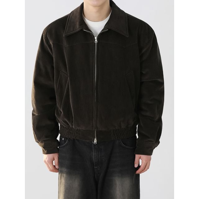 mopagrati-Collared Plain Corduroy Zip Puffer Jacket