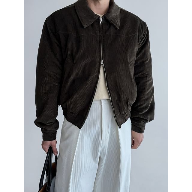 mopagrati-Collared Plain Corduroy Zip Puffer Jacket