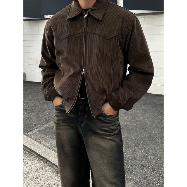 mopagrati-Collared Plain Corduroy Zip Puffer Jacket