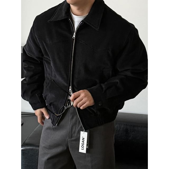 mopagrati-Collared Plain Corduroy Zip Puffer Jacket