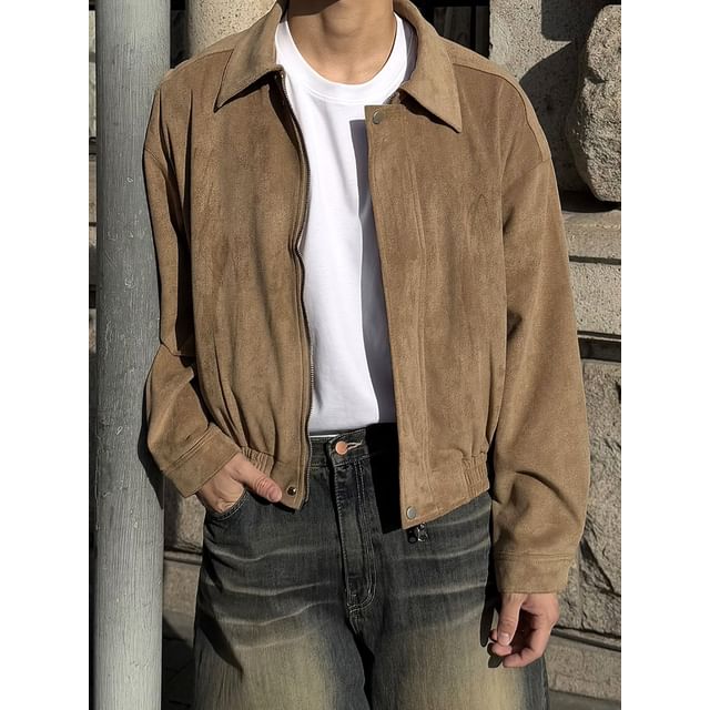 mopagrati-Collared Plain Faux Suede Zip Jacket