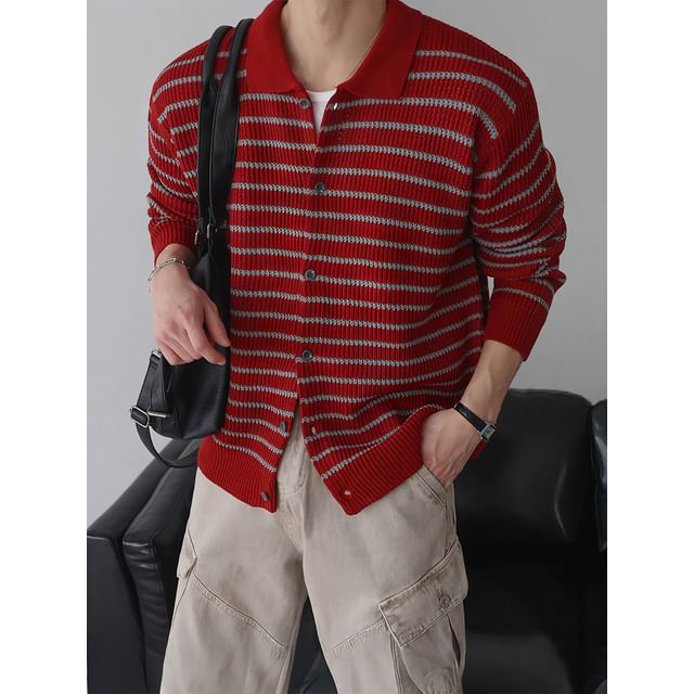 mopagrati-Collared Striped Cardigan