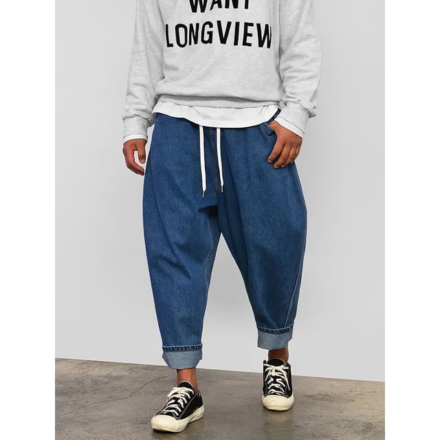 mopagrati-Drawstring Waist Washed Tapered Jeans