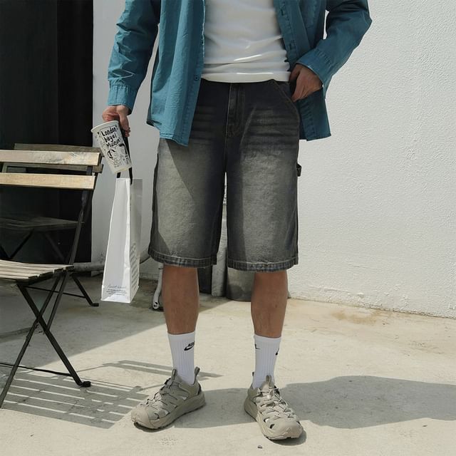mopagrati-Mid Rise Washed Denim Shorts