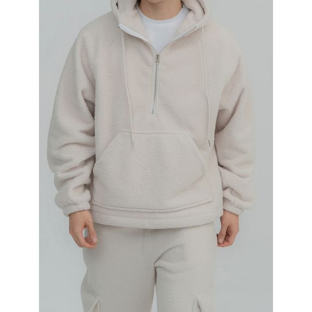 mopagrati-Plain Drawstring Fleece Half-Zip Hoodie