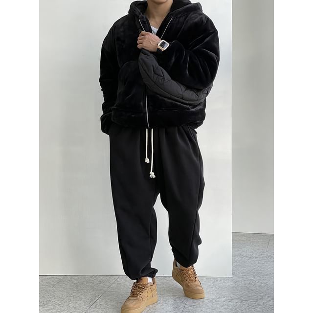 mopagrati-Plain Hood Fluffy Zip Puffer Jacket