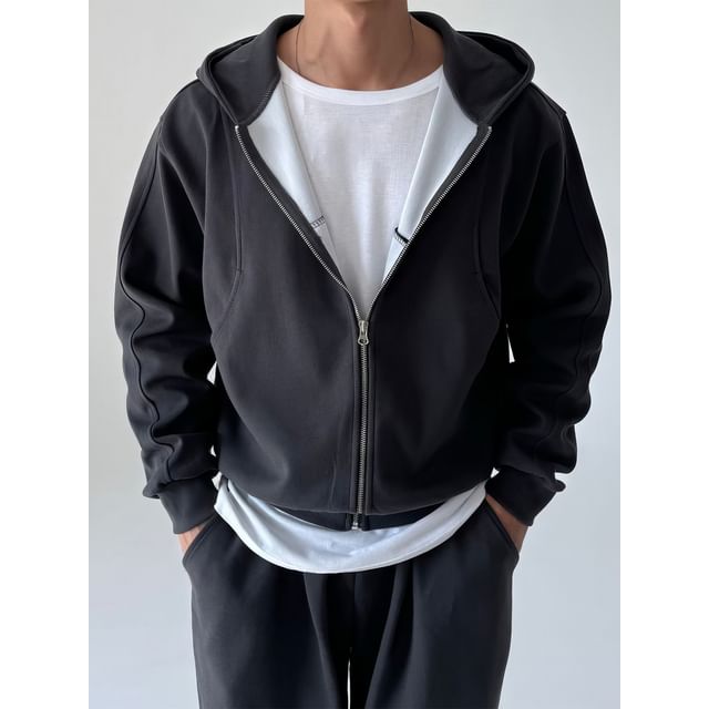 mopagrati-Plain Paneled Zip Hoodie