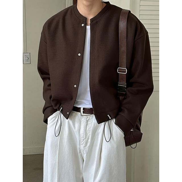 mopagrati-Round Neck Plain Drawstring Button Jacket