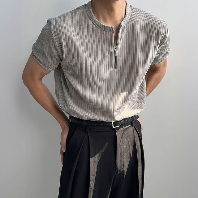 mopagrati-Short-Sleeve Plain Half-Zip Ribbed Knit Top