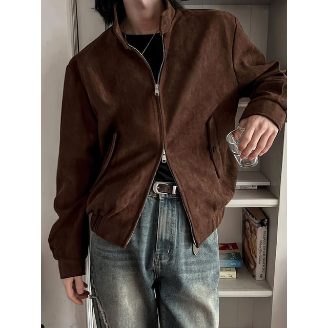 mopagrati-Stand Collar Plain Faux Suede Zip Jacket
