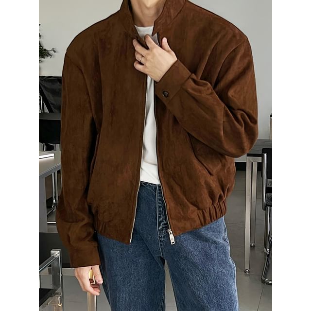mopagrati-Stand Collar Plain Faux Suede Zip Jacket