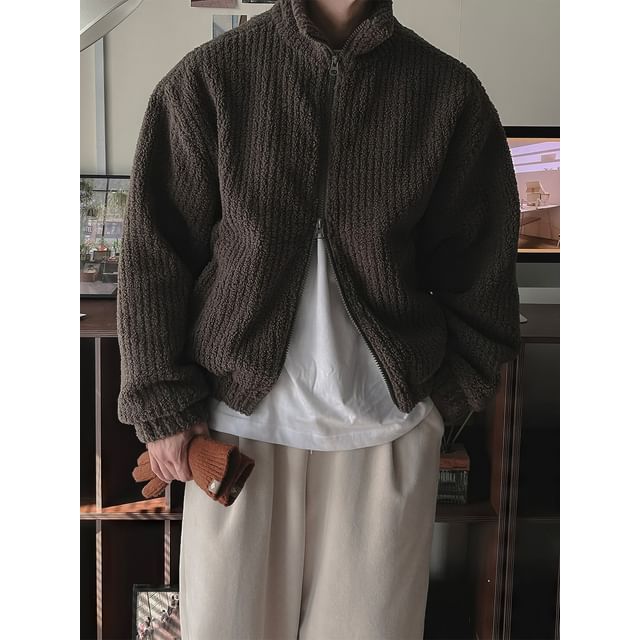 mopagrati-Stand Collar Plain Ribbed Fleece Zip Jacket