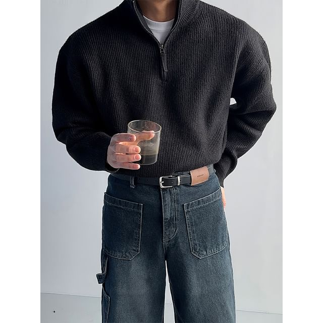 mopagrati-Stand Collar Plain Ribbed Half Zip Sweater