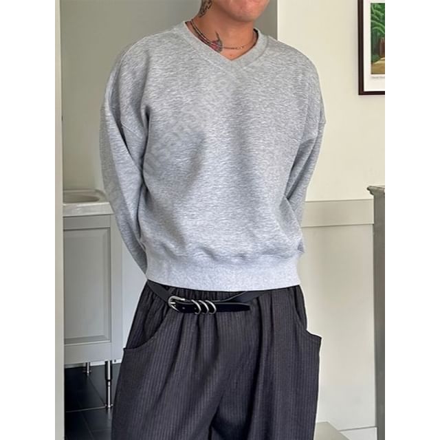mopagrati-V-Neck Plain Sweatshirt