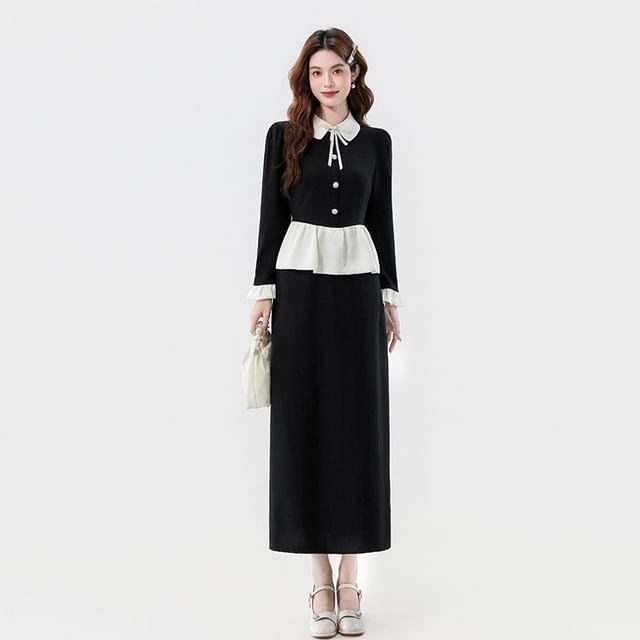 Moregirl - Set: Long-Sleeve Collared Two Tone Ruffle Trim Blouse + High ...