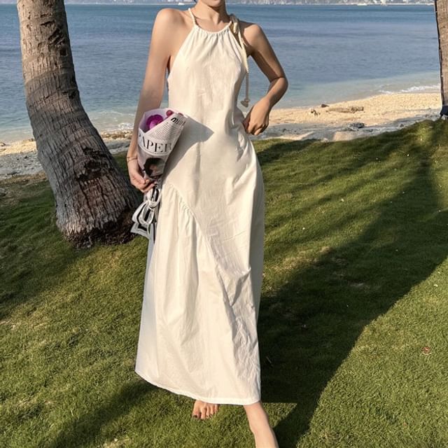 Morning Glory-Halter Plain Strappy Maxi Sundress