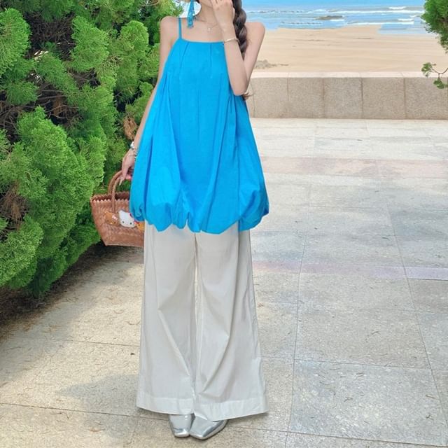 Morning Glory-Spaghetti Strap Plain Bubble Cami Top High Rise Plain Wide Leg Pants