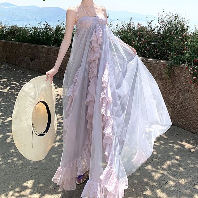Morning Glory-Spaghetti Strap Plain Ruffle Asymmetrical Mesh Panel Maxi Sundress