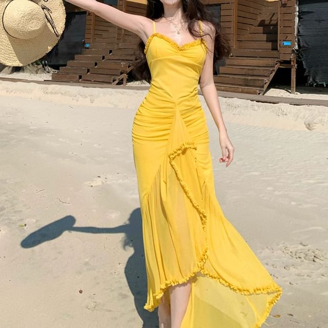 Morning Glory-Spaghetti Strap Plain Ruffle Asymmetrical Ruched Maxi Sundress
