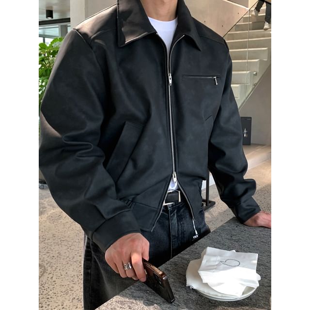 MRCYC-Collar Plain Faux Leather Zip Jacket