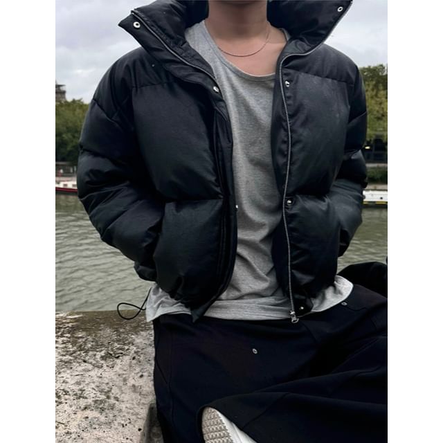 MRCYC-Faux-Leather Stand-Collar Padded Jacket