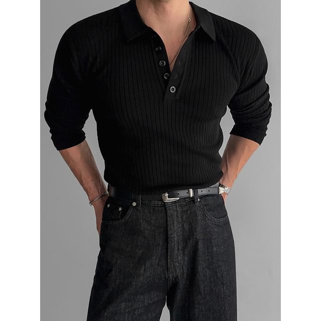 MRCYC-Long-Sleeve Plain Knit Polo Shirt