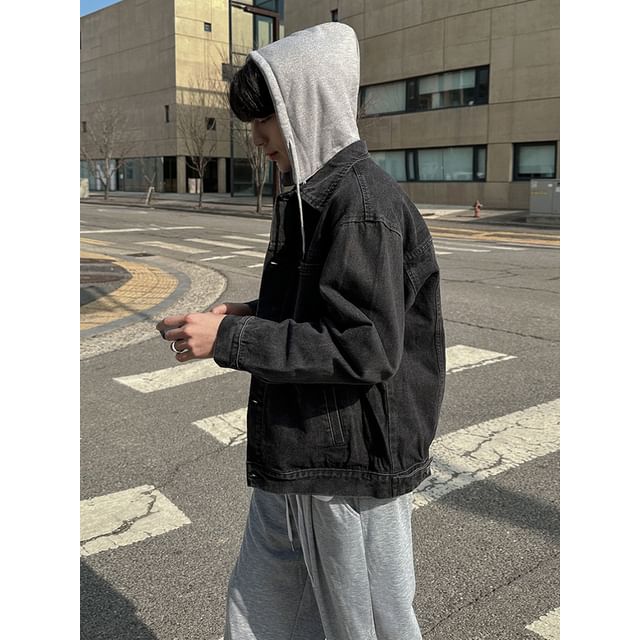 MRCYC-Mock Two-Piece Collar Drawstring Hooded Denim Button Jacket