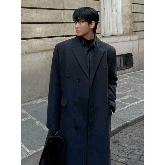 MRCYC-Peak Lapel Single-Breasted Plain Long Coat