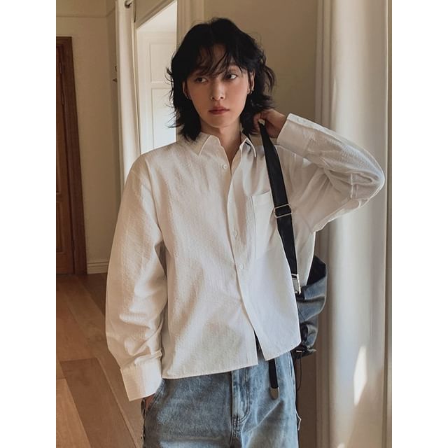 MRCYC-Plain Long-Sleeve Loose Crop Shirt