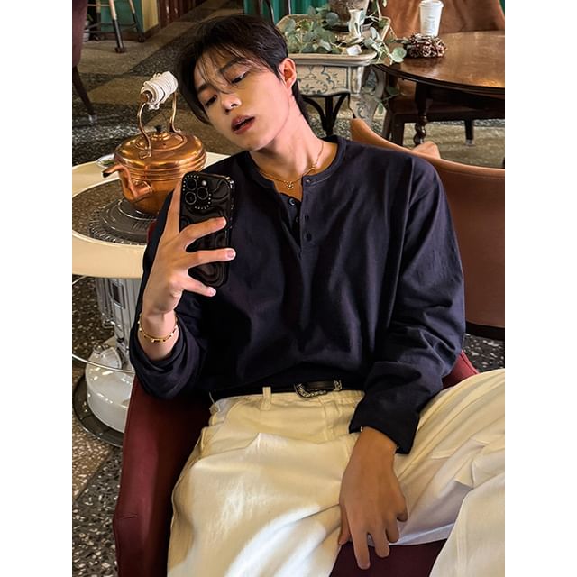 MRCYC-Plain Long-Sleeve Loose Henley