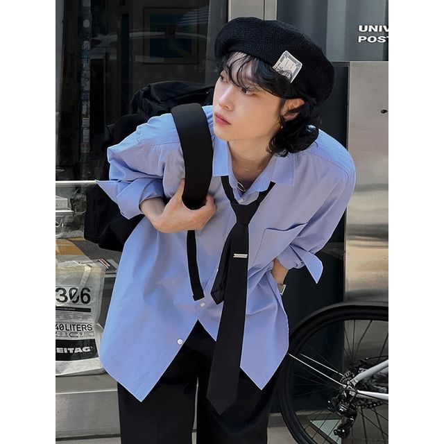 MRCYC-Plain Long-Sleeve Loose Shirt