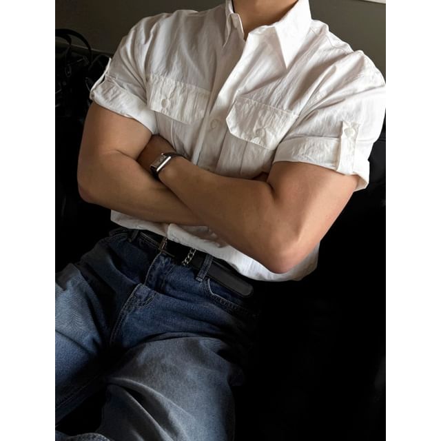 MRCYC-Plain Tab-Sleeve Loose Shirt