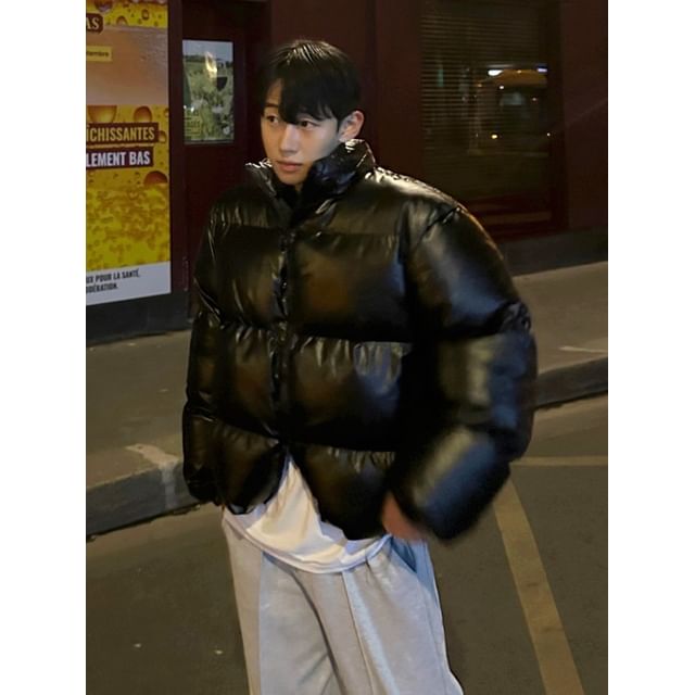 MRCYC-Pleather Stand-Collar Padded Coat