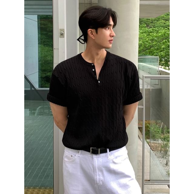 MRCYC-Short-Sleeve Cable-Knit Henley