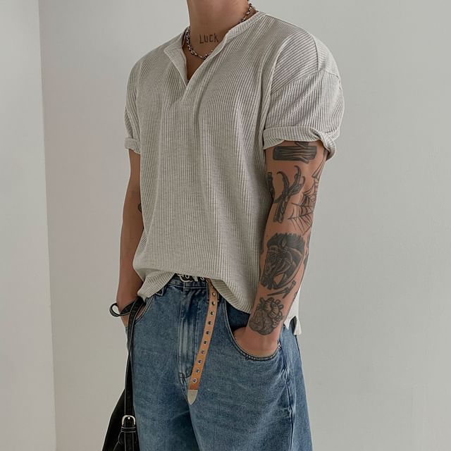 MRCYC-Short-Sleeve Ribbed Loose Henley