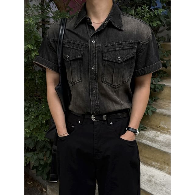 MRCYC-Short-Sleeve Washed Button-Up Denim Shirt