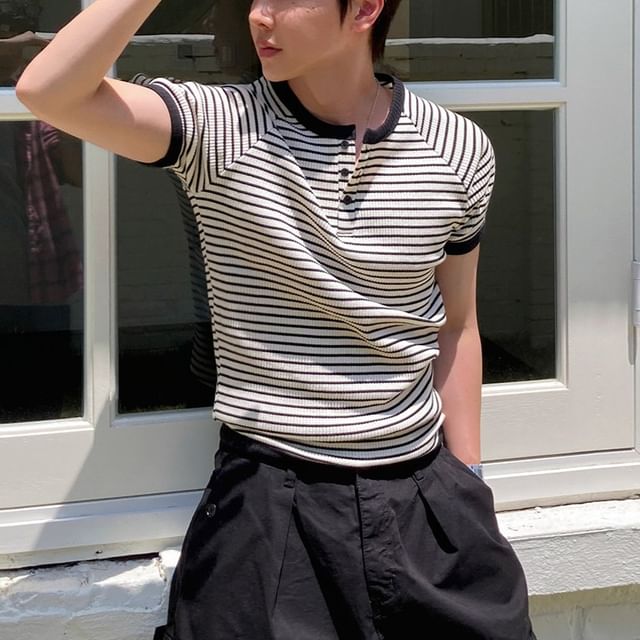MRCYC-Striped Henley-Neck Raglan T-Shirt