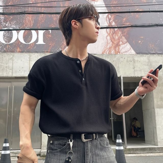 MRCYC-Waffle Short-Sleeve Plain Henley