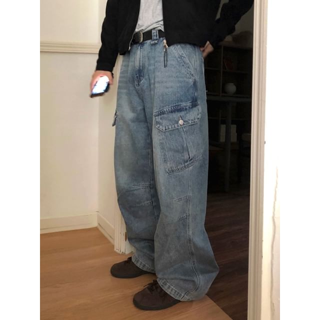 MRCYC-Washed Straight-Cut Loose Cargo Jeans