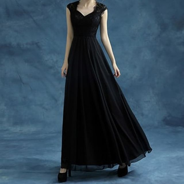 MSSBridal-Cap-Sleeve V-Neck Lace A-Line Evening Gown