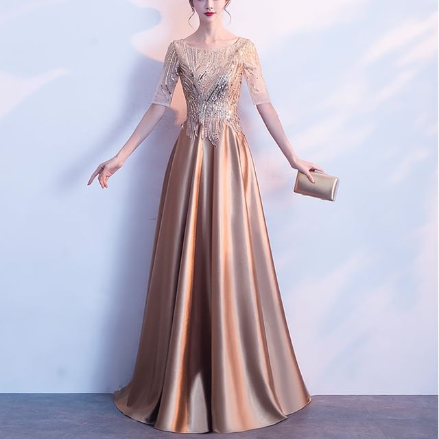 MSSBridal-Elbow-Sleeve Sequined Panel A-Line Evening Gown