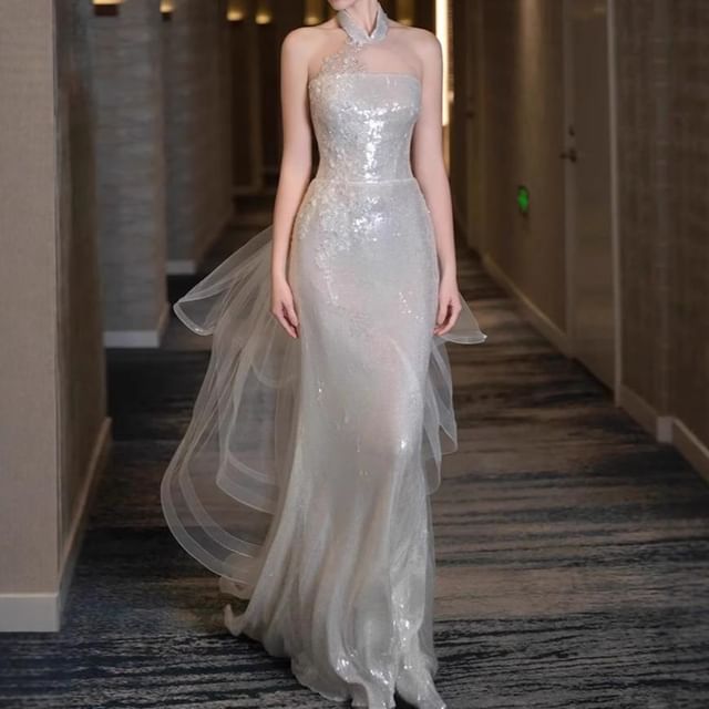 MSSBridal-Halter Mandarin Collar Sequin Panel Mesh Trumpet Evening Gown
