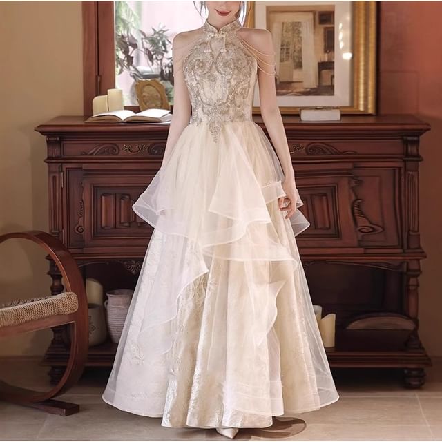MSSBridal-Halter Neck Chained Glitter A-Line Evening Gown