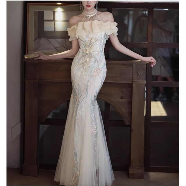 MSSBridal-Halter Neck Cold Shoulder Sequin Ruffle Trim Mermaid Evening Gown
