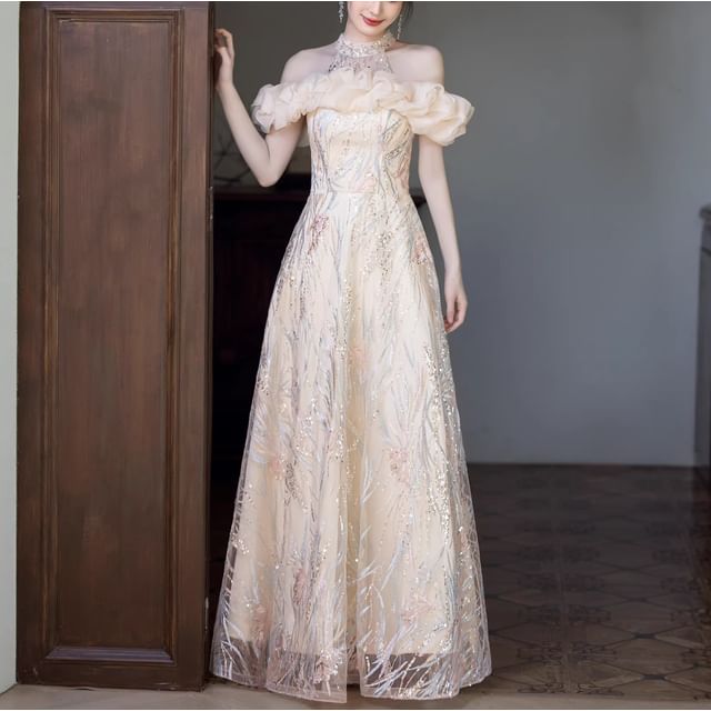 MSSBridal-Halter Neck Off-Shoulder Sequin Sheer Panel A-Line Evening Gown
