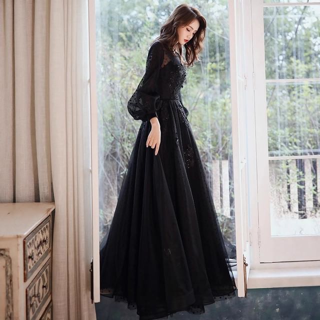 MSSBridal-Long Sleeve Round Neck Plain Sequin Mesh A-Line Evening Gown