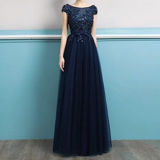 MSSBridal-Short-Sleeve Sequin A-Line Evening Gown